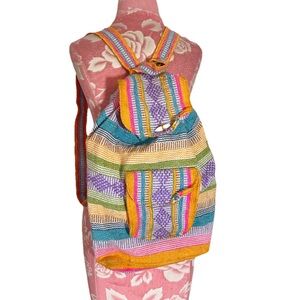 Bright Mexican Mexico Knit Hippie Backpack Travel Boho Drawstring Tribal Woven